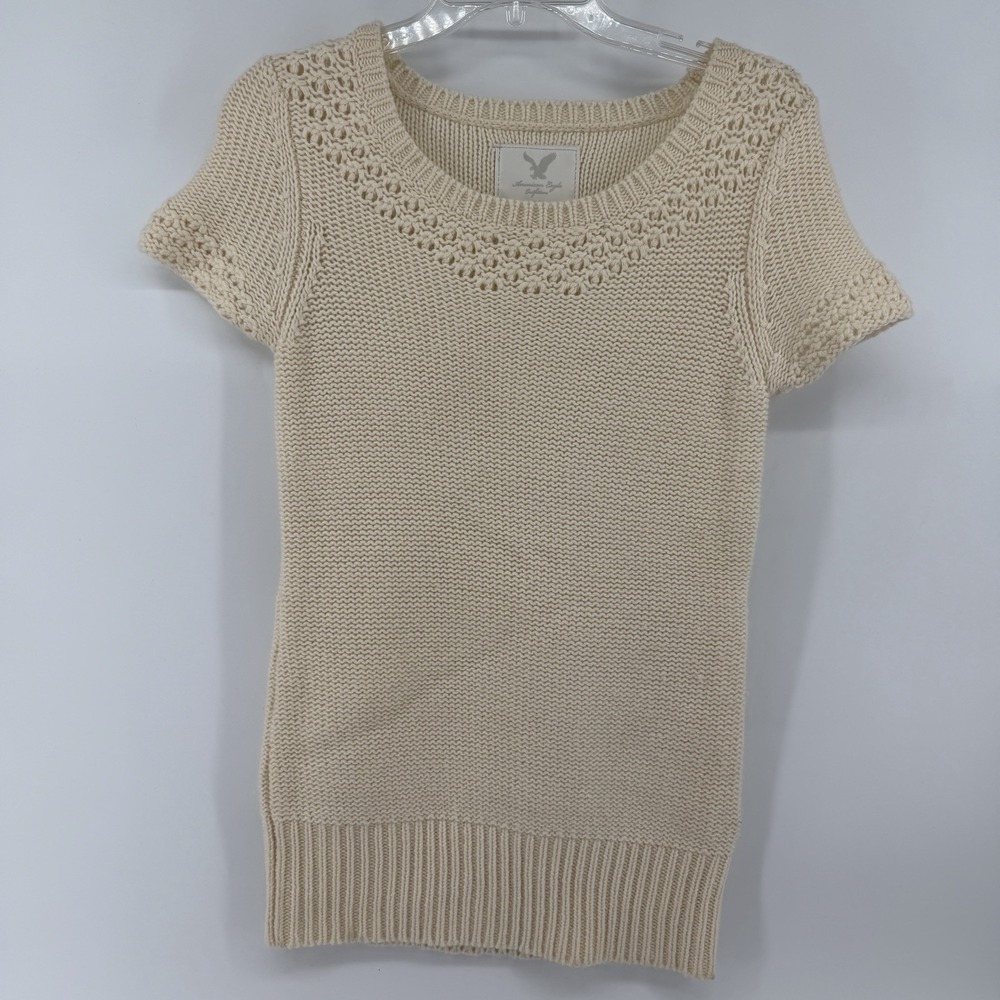 American Eagle Women's Knit Sweater Short Sleeve Top Sz S Ivory Open Knit Detail